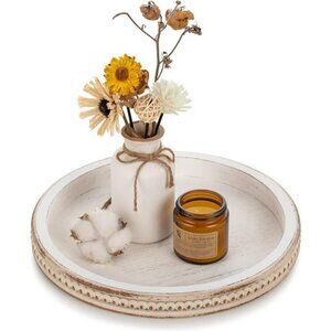 Hanobe Wood Bead Round Tray Whitewashed Rustic Farmhouse Coffee Table Decor